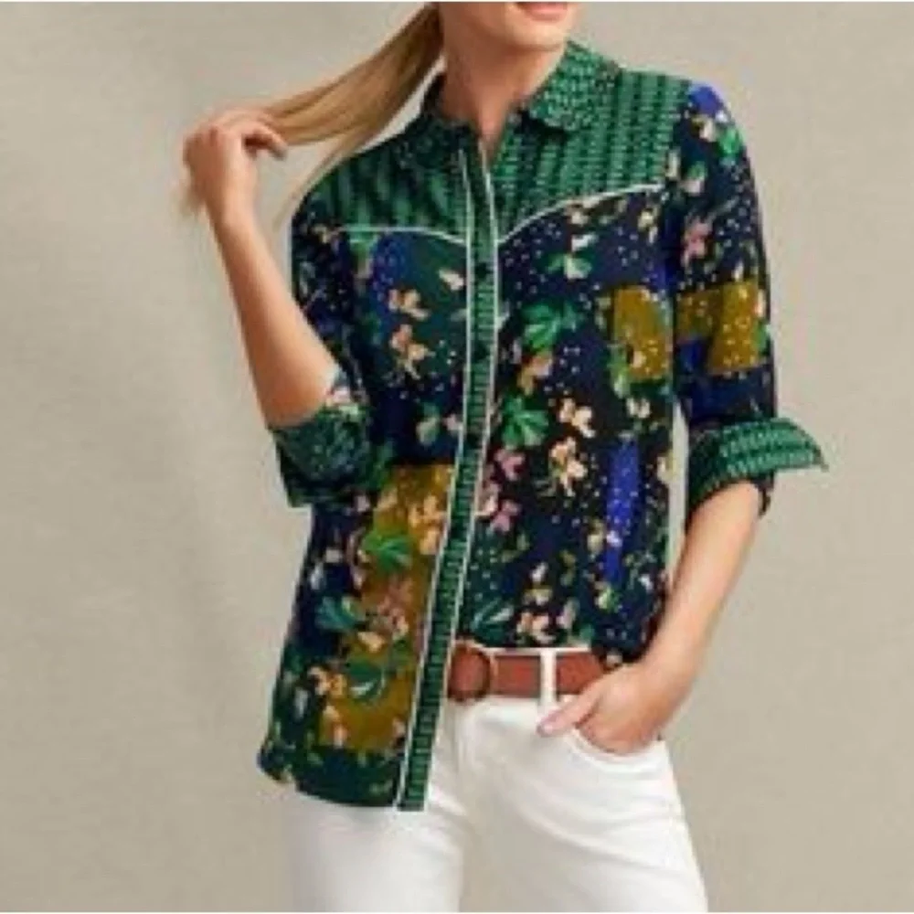 Cabi Bronco Mix Print Green Button Blouse Women’s Size Medium - Picture 1 of 11